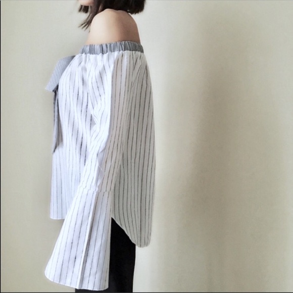 MANGO MNG POPLIN Off Shoulder Top- Gray White - Picture 4 of 5